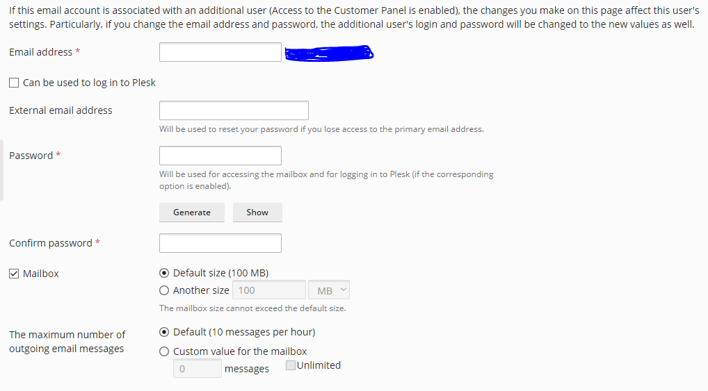 Plesk email account create